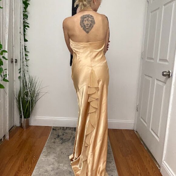 Y2K Vintage Rhinestone Satin Halter Prom Maxi Dress Sleeveless Size M Gold - Picture 10 of 14
